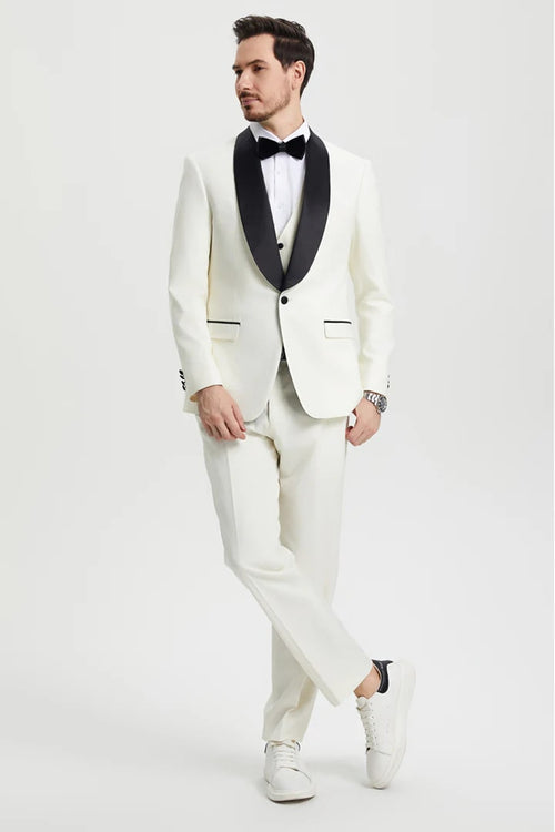 Ivory   Prom Tuxedo Suit - Ivory  Wedding Suit - Men's Stacy Adams Vested One Button Shawl Lapel Designer Tuxedo