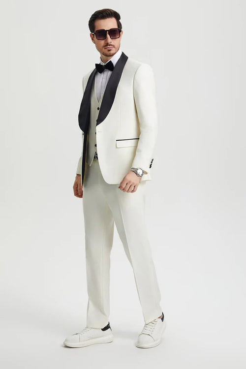 Ivory   Prom Tuxedo Suit - Ivory  Wedding Suit - Men's Stacy Adams Vested One Button Shawl Lapel Designer Tuxedo