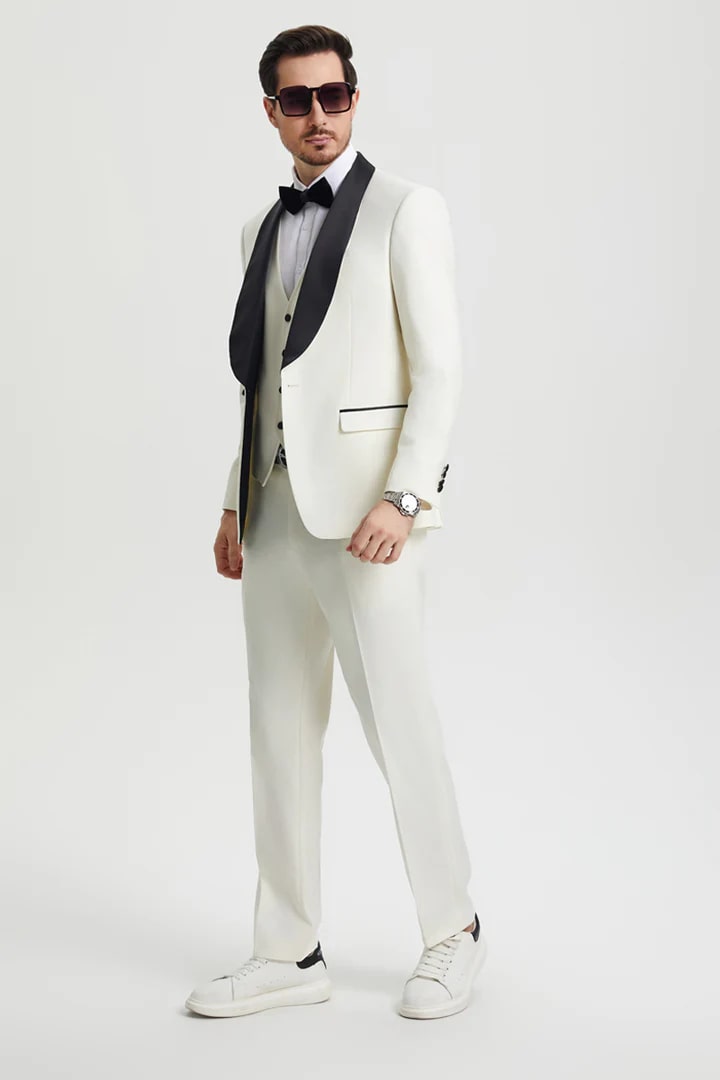 Ivory   Prom Tuxedo Suit - Ivory  Wedding Suit - Men's Stacy Adams Vested One Button Shawl Lapel Designer Tuxedo