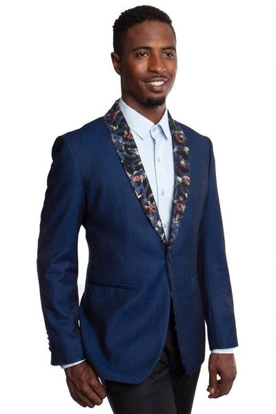 Men's Navy Slim Fit Dinner Jacket with Floral Lapel