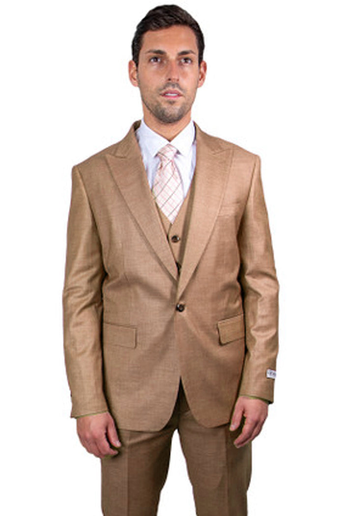 Taupe Sharkskin Stacy Adams Men's 1-Button Suit with Peak Lapel