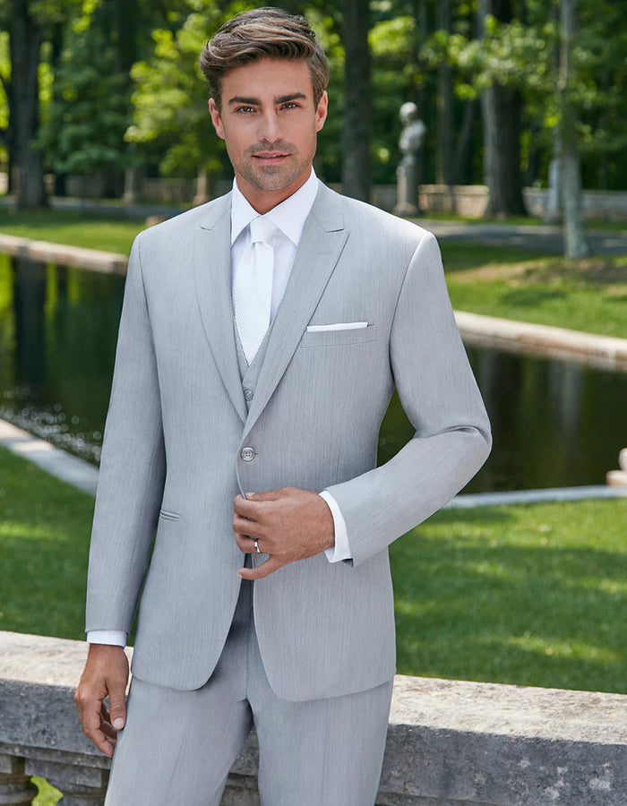 Gray Prom Suit - Mens Designer 2 Button Peak Lapel Grenada Prom Tuxedo Suit in Light Grey