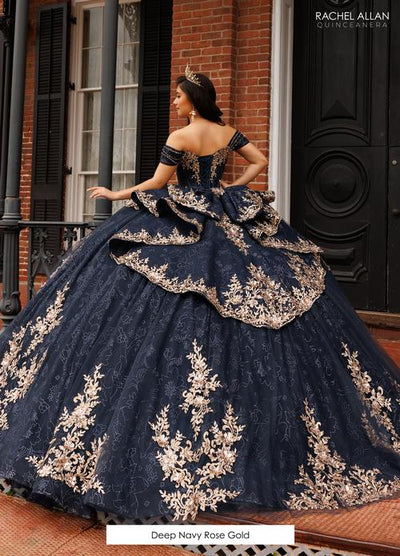 Off Shoulder Sweetheart Floral Appliqué Corset Glitter Tulle Ball Gown by Rachel Allan RB1191