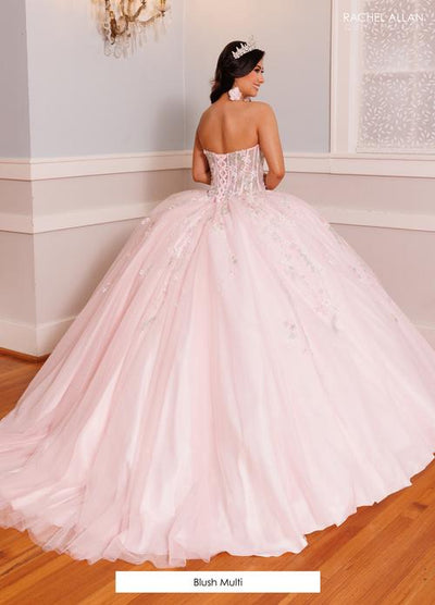 Strapless Quinceañera Ball Gown Floral Lace Corset Tulle Princess Dress by Rachel Allan RQ9000