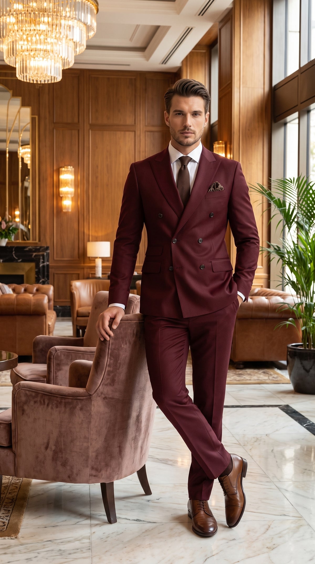 Men’s Burgundy Double Breasted Suit – Modern Fit Wedding, Prom & Formal Suit with Tapered Pants