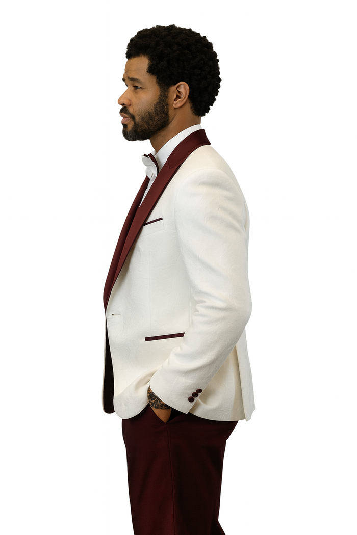 Hilton White and Burgundy Paisley Peak Lapel Tuxedo Jacket with Matching Shawl Vest and Wool Pants - Includes Bow Tie by USA Men's Outlet