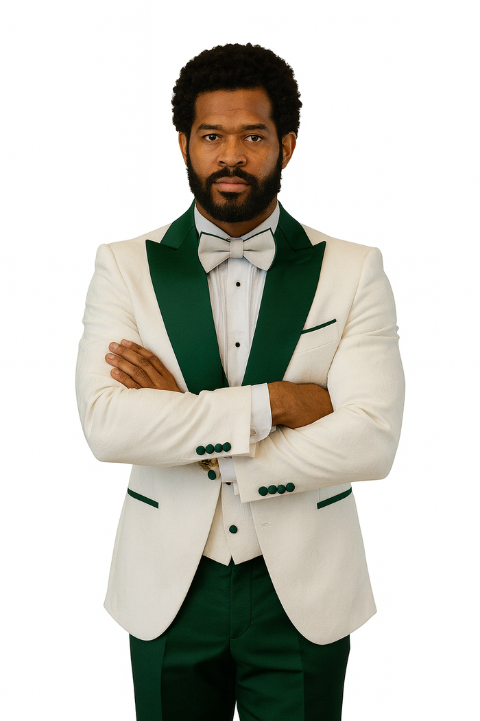 Hilton White and Hunter Green Paisley Peak Lapel Tuxedo Jacket with Matching Shawl Vest and Wool Pants - Includes Bow Tie by USA Men's Outlet
