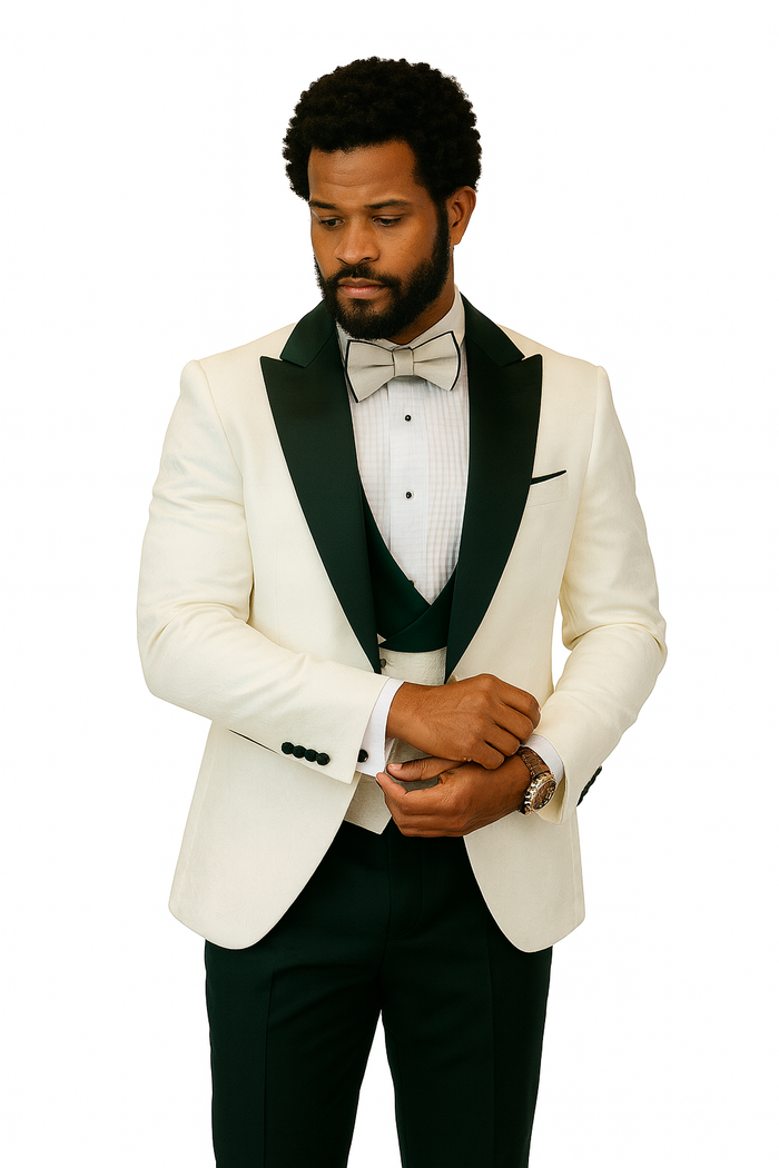 Hilton White and Black Paisley Peak Lapel Tuxedo Jacket with Matching Shawl Vest and Wool Pants - Includes Bow Tie by USA Men's Outlet