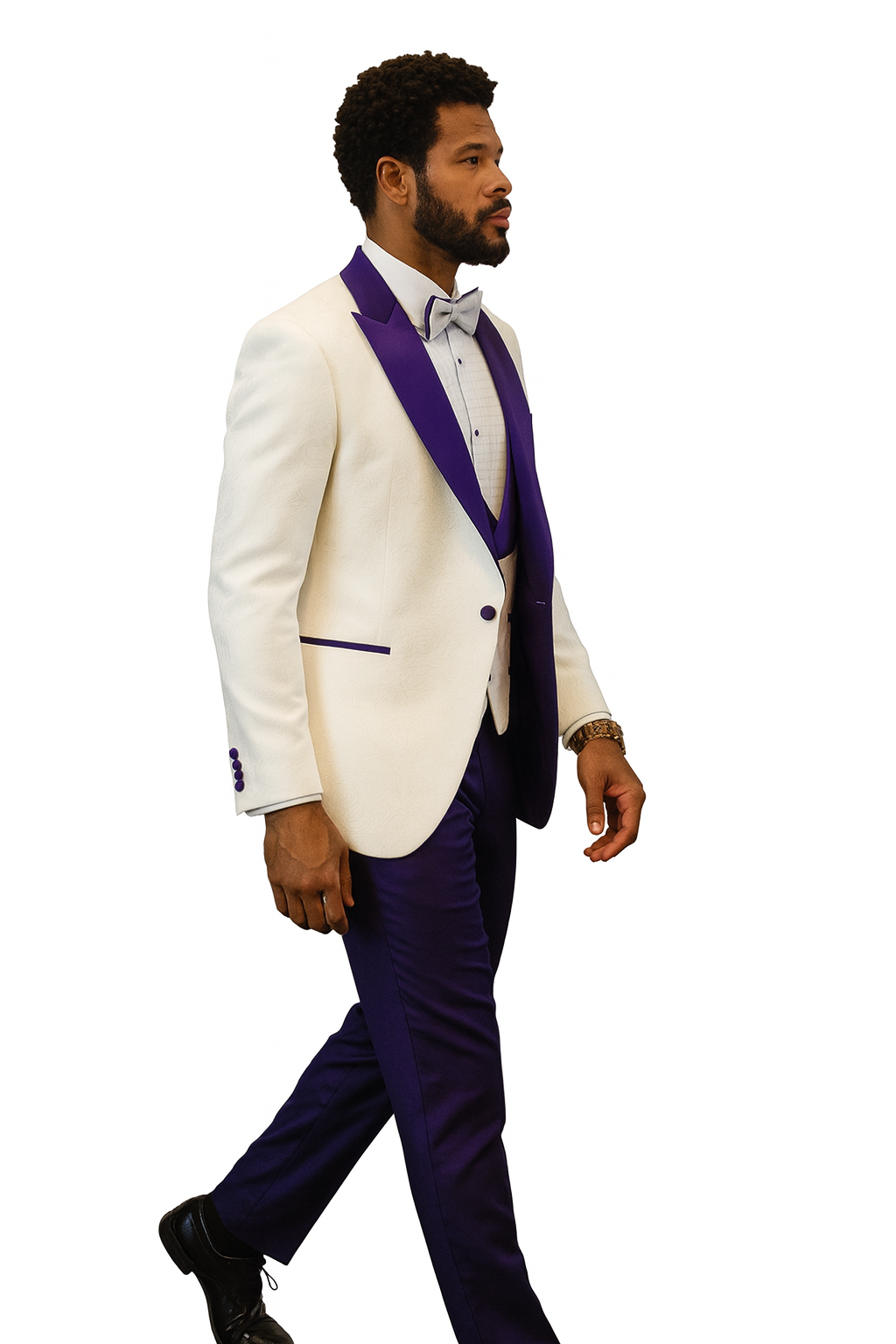 Hilton White and Purple Paisley Peak Lapel Tuxedo Jacket with Matching Shawl Vest and Wool Pants – Includes Bow Tie