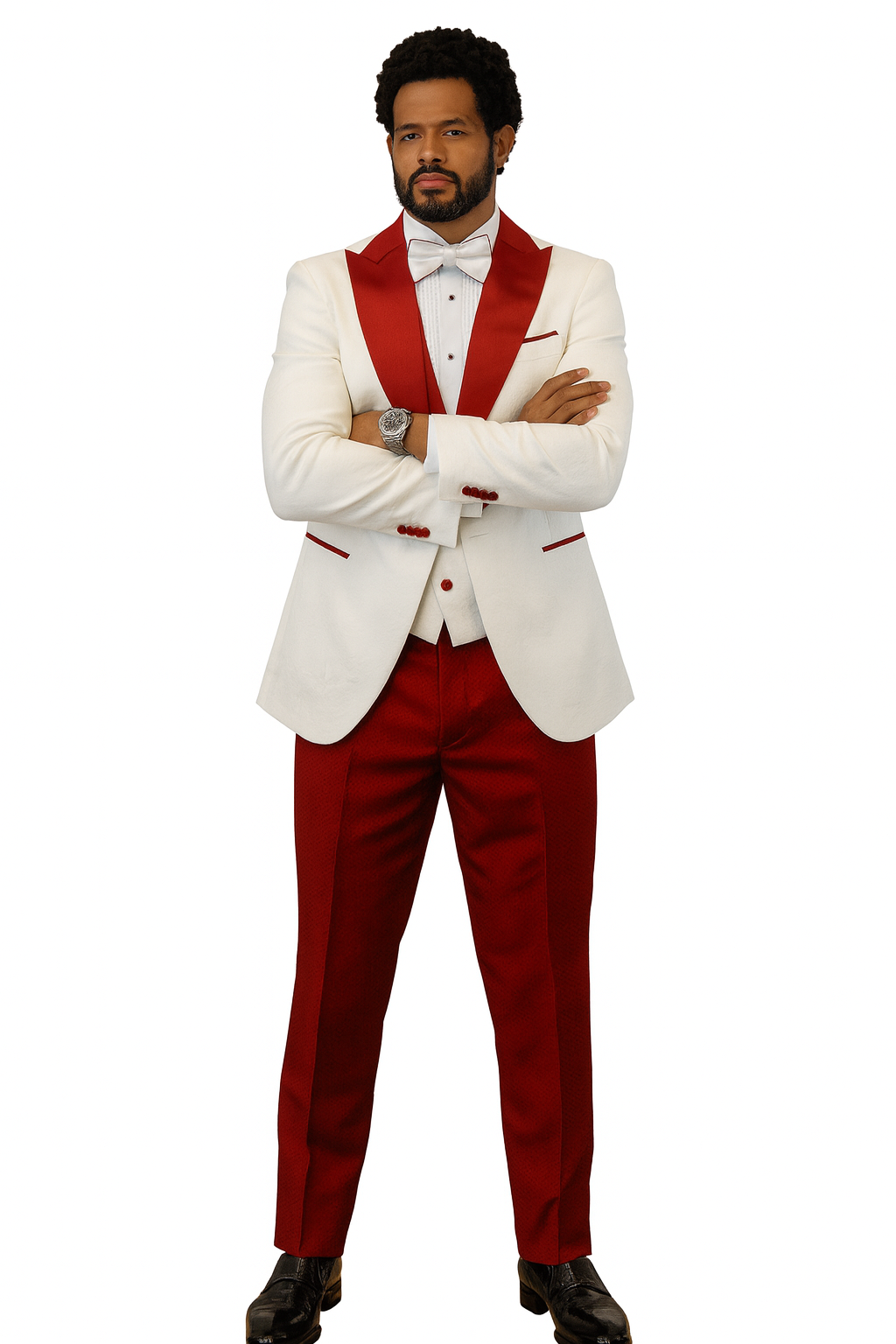 Hilton White and Red Paisley Peak Lapel Tuxedo Jacket with Matching Shawl Vest and Wool Pants - Includes Bow Tie by USA Men's Outlet