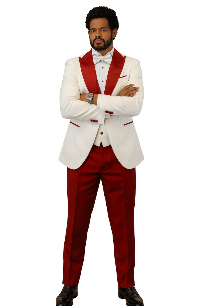 Hilton White and Red Paisley Peak Lapel Tuxedo Jacket with Matching Shawl Vest and Wool Pants - Includes Bow Tie by USA Men's Outlet