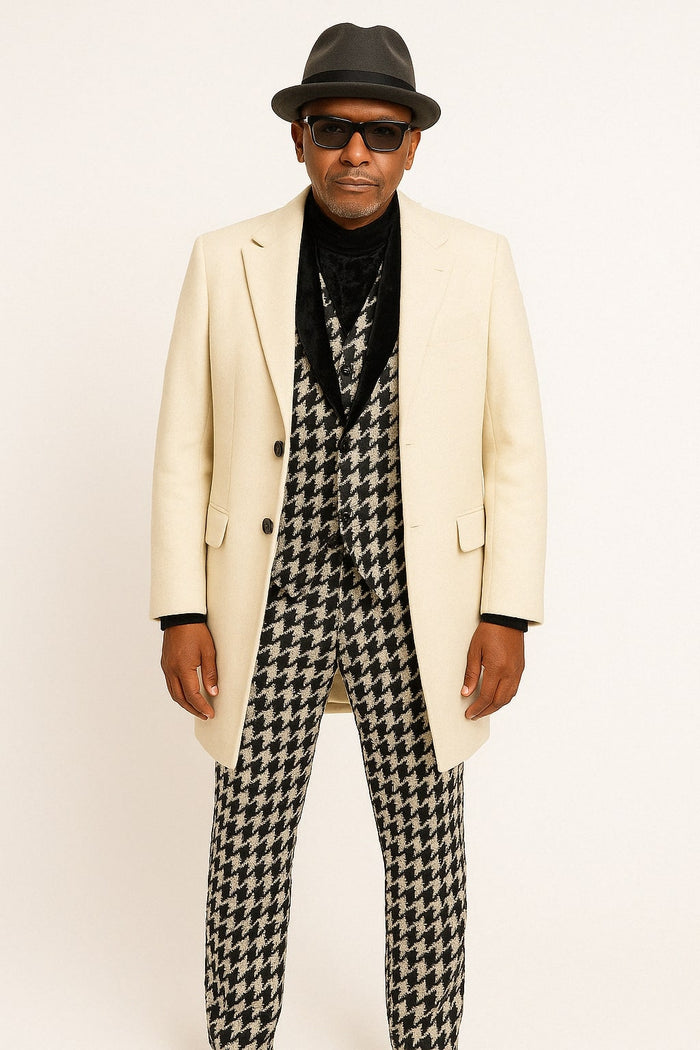 Ivory Overcoat Carmel Zhao Mens 3/4 Length Top Coat - Single Breasted Carcoat USA Men's Outlet