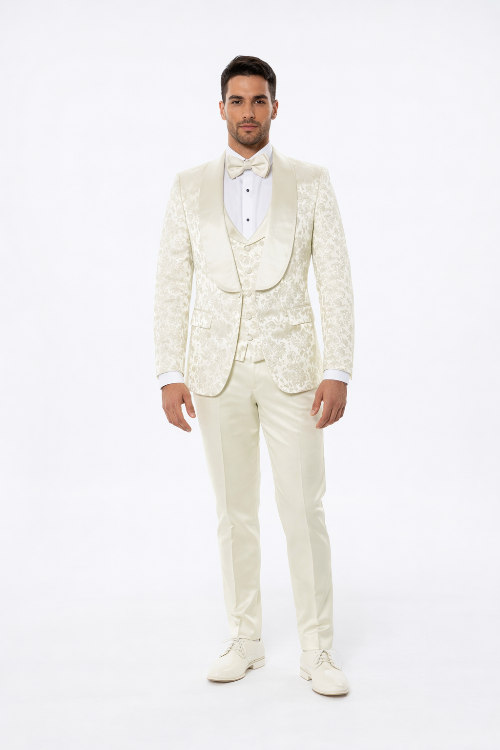 Men’s Wedding & Prom Tuxedo – Ivory Floral Design with Shawl Lapel – SuitUSA