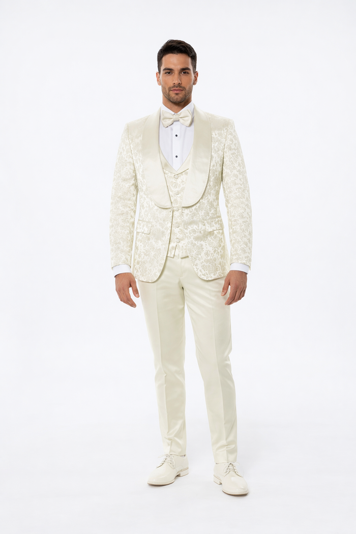Ivory Floral Tuxedo Set for Men - Wide Shawl Lapel Wedding & Prom Suit by USA Men's Outlet