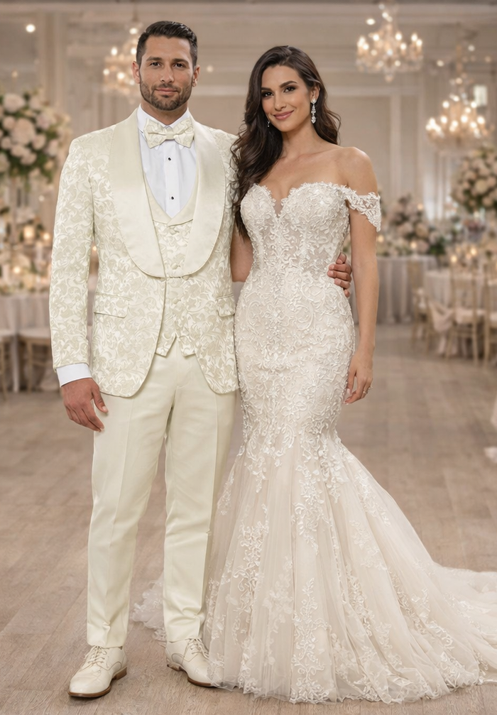 Ivory Floral Tuxedo Set for Men - Wide Shawl Lapel Wedding & Prom Suit by USA Men's Outlet