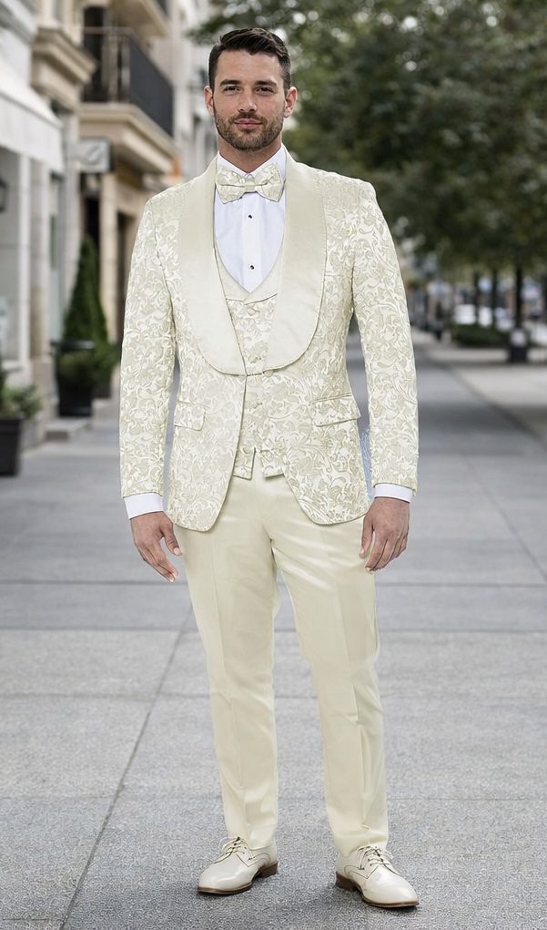 Men’s Wedding & Prom Tuxedo – Ivory Floral Design with Shawl Lapel