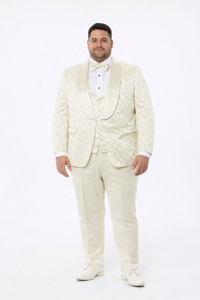 Men’s Wedding & Prom Tuxedo – Ivory Floral Design with Shawl Lapel