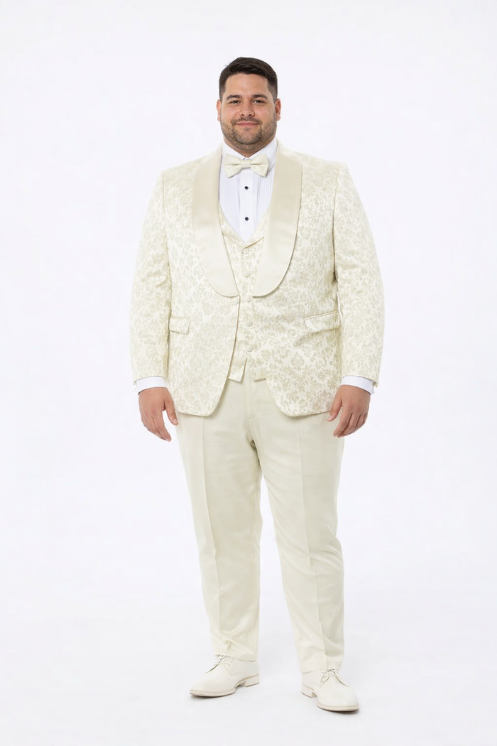Men’s Wedding & Prom Tuxedo – Ivory Floral Design with Shawl Lapel
