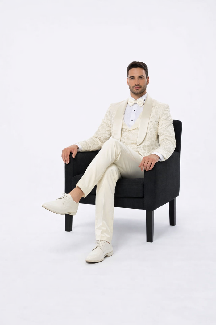 Men’s Wedding & Prom Tuxedo – Ivory Floral Design with Shawl Lapel