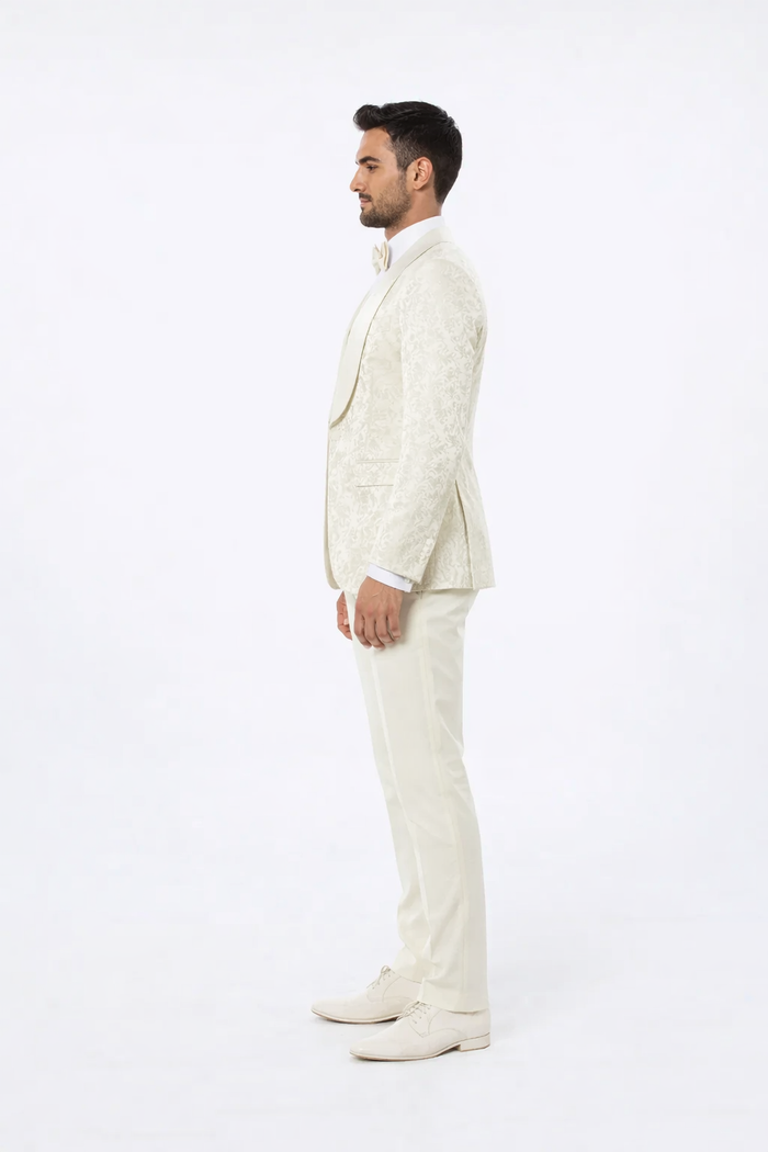 Ivory Floral Tuxedo Set for Men - Wide Shawl Lapel Wedding & Prom Suit by USA Men's Outlet