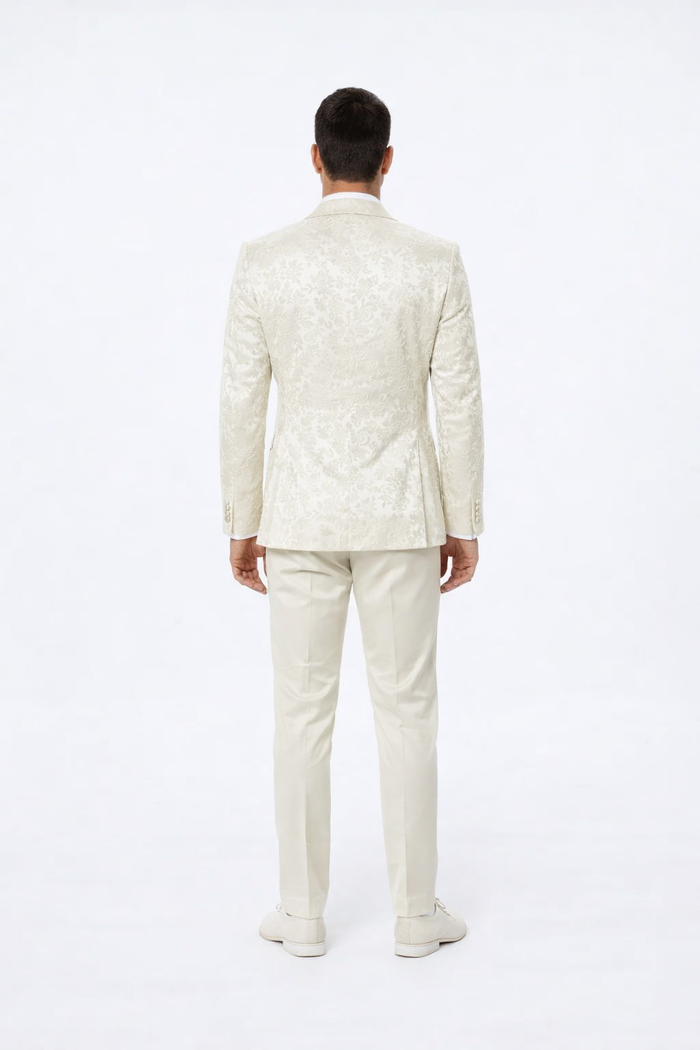 Men’s Wedding & Prom Tuxedo – Ivory Floral Design with Shawl Lapel