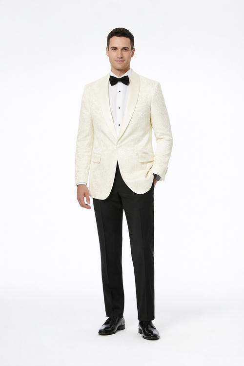 Ivory Paisley Tuxedo Blazer with Shawl Lapel – Stylish Wedding, Groom & Prom Jacket
