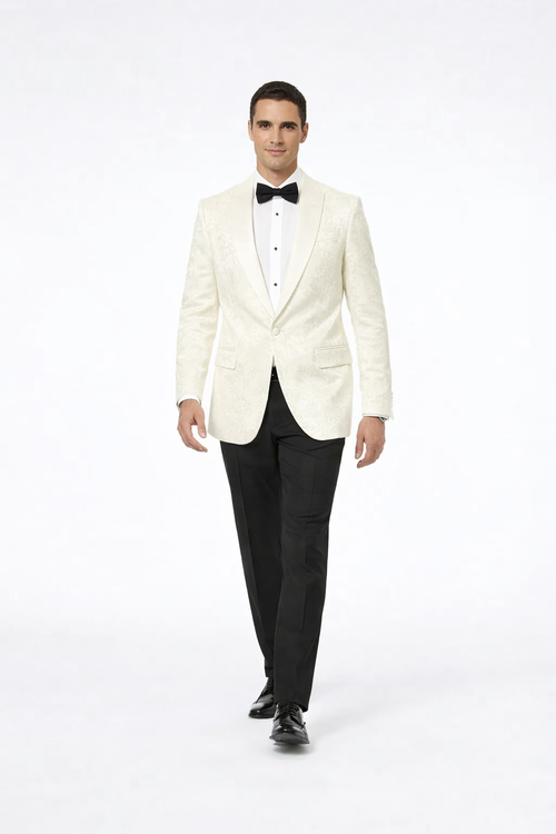 Ivory Paisley Tuxedo Blazer with Shawl Lapel – Stylish Wedding, Groom & Prom Jacket