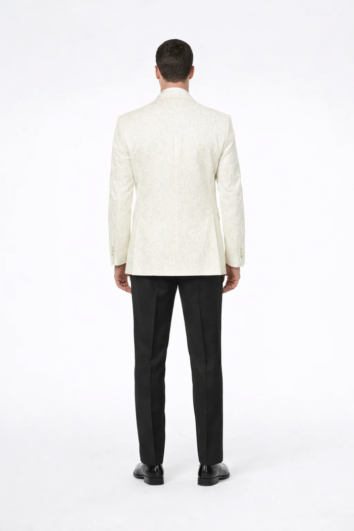 Ivory Paisley Tuxedo Blazer with Shawl Lapel – Stylish Wedding, Groom & Prom Jacket