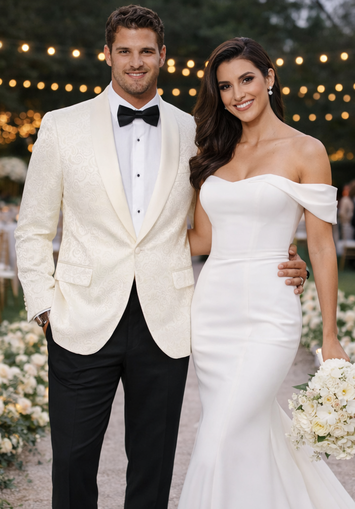 Men’s Ivory Paisley Shawl Lapel Tuxedo Jacket - Premium Wedding & Prom Outfit by USA Men's Outlet