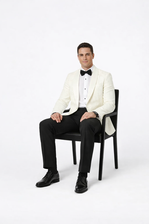 Ivory Paisley Tuxedo Blazer with Shawl Lapel – Stylish Wedding, Groom & Prom Jacket