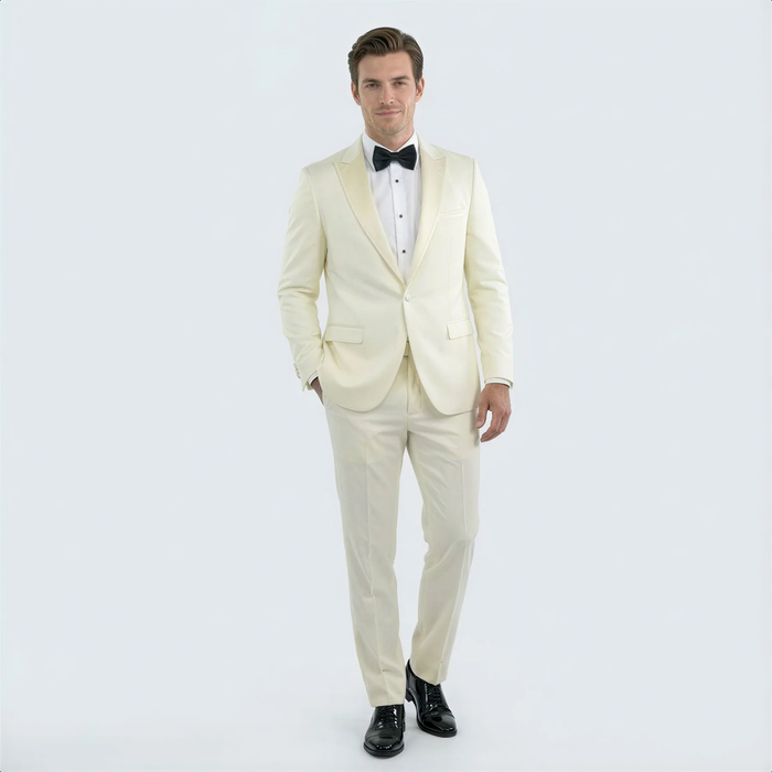 Modern Ivory Slim Fit Peak Lapel Tuxedo – Groom & Prom Look