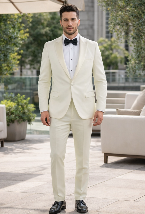 Modern Ivory Slim Fit Peak Lapel Tuxedo – Groom & Prom Look