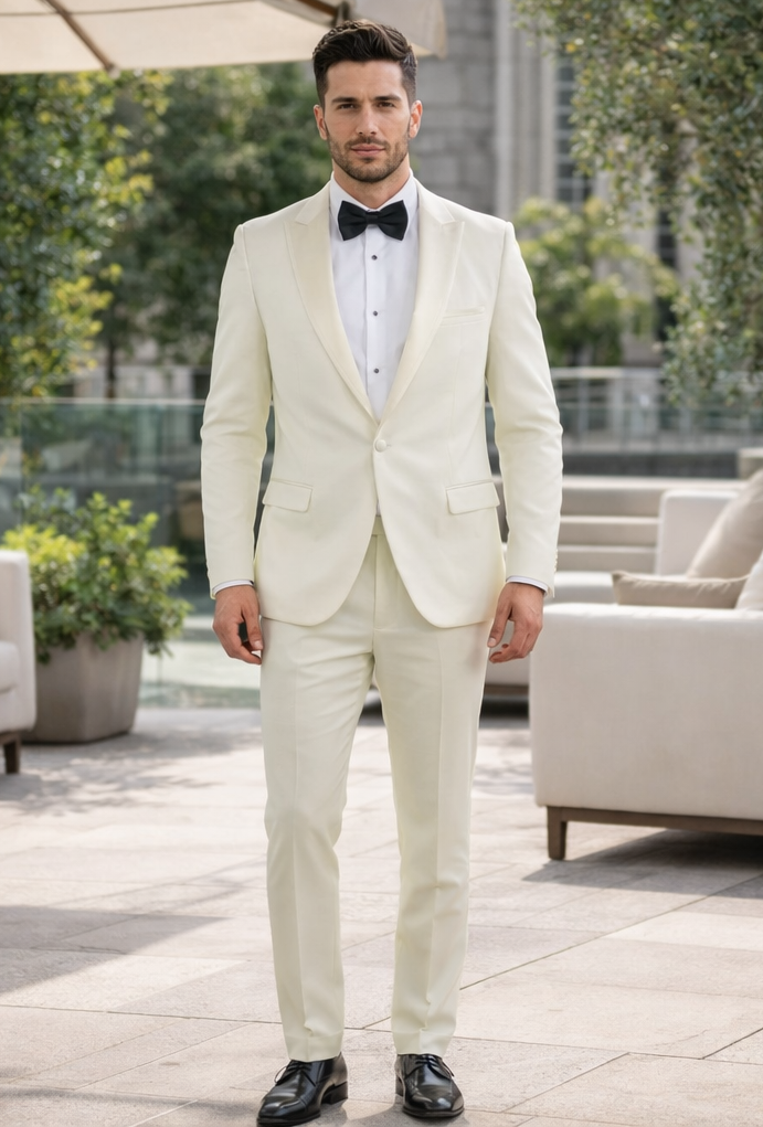 Modern Ivory Slim Fit Peak Lapel Tuxedo – Groom & Prom Look