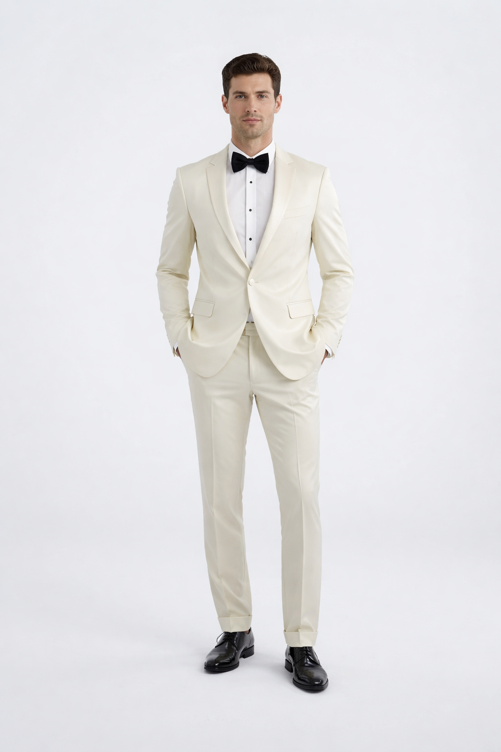 Modern Ivory Slim Fit Peak Lapel Tuxedo – Groom & Prom Look – SuitUSA