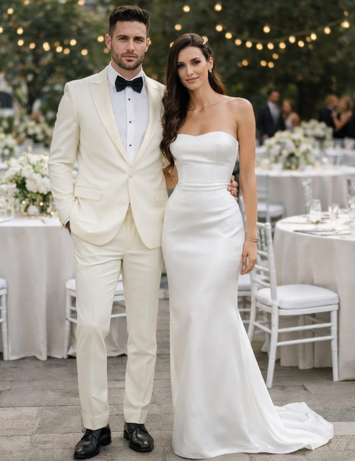 Modern Ivory Slim Fit Peak Lapel Tuxedo – Groom & Prom Look
