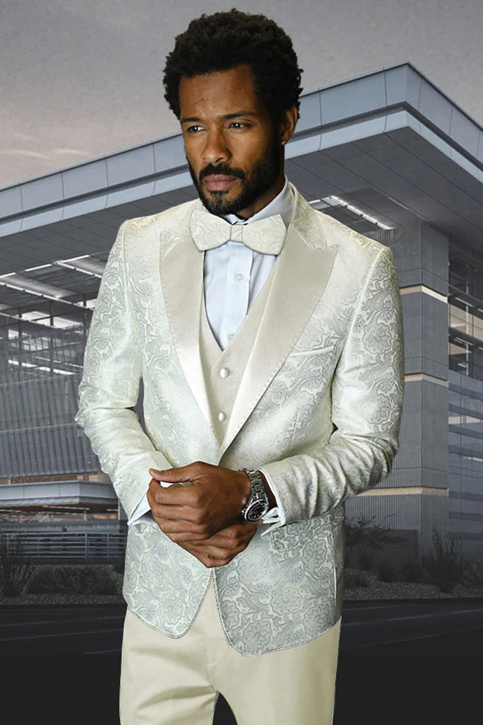 Unique Prom Suits - Interesting Fun - Men's Vested One Button Satin Paisley Prom & Wedding Off White Ivory Tuxedo