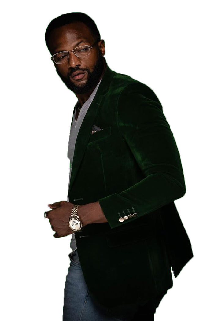 Mens Two Button Modern Fit Velvet Blazer in Hunter Green by EJ Samuel