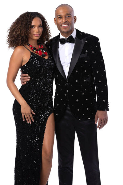 Men’s Designer Black Velvet Star Embroidered Tuxedo for Prom and Wedding