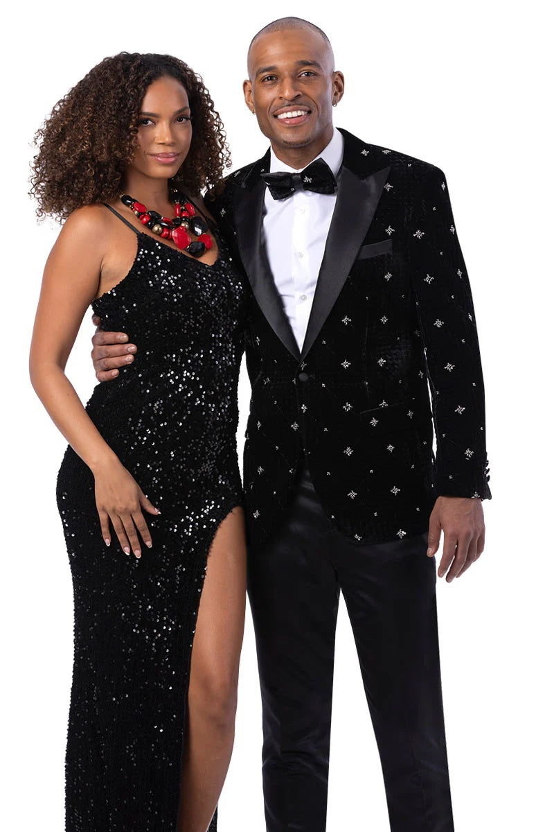 Men’s Designer Black Velvet Star Embroidered Tuxedo for Prom and Wedding – SuitUSA