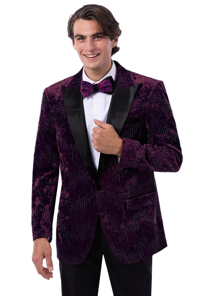 Men’s Designer Purple Velvet Studded Tuxedo Jacket – Formal Prom and Wedding Wear – SuitUSA