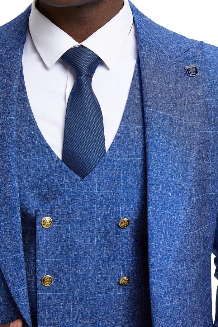 Men's Stacy Adams Peak Lapel Suit with Double Breasted Vest in Blue Windowpane Plaid