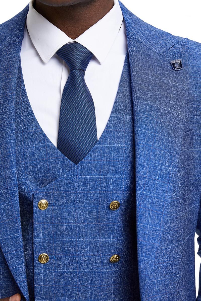 Men's Stacy Adams Peak Lapel Suit with Double Breasted Vest in Blue Windowpane Plaid