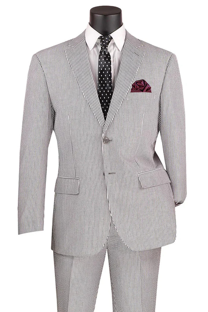 Mens 2PC Summer Seersucker Modern Fit Suit in Black Pinstripe