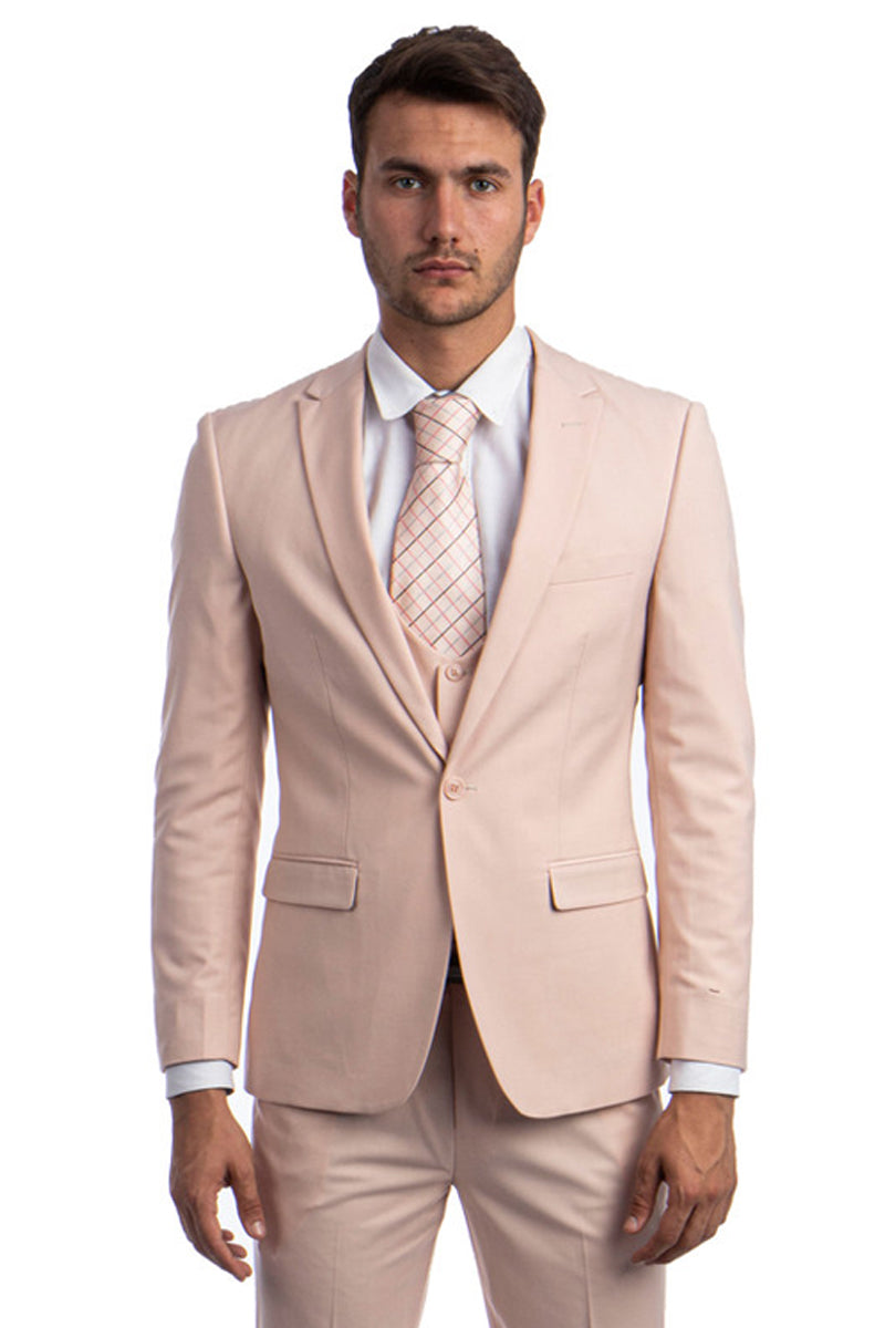 Men's Blush Pink One Button Peak Lapel Suit with Vested Look