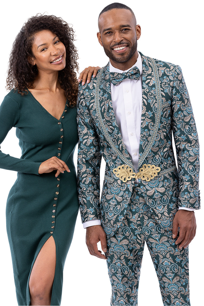 Men's Designer Turquoise Brocade Floral Print Wedding & Prom Tuxedo with Frog Closure – SuitUSA