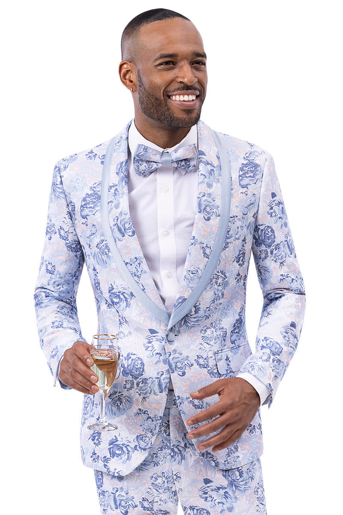 Men's One Button Satin Trim Wedding Tuxedo in Light Blue Floral Paisley