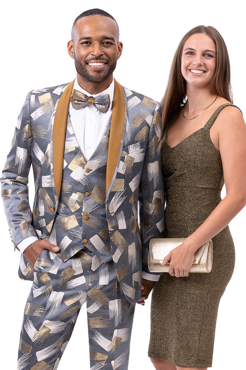 Men's Gray & Gold Satin Paint Stroke Print Tuxedo – SuitUSA