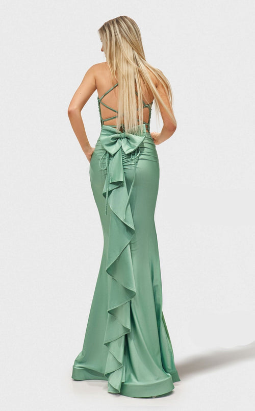 Jessica Angel JA2652 Mermaid Lace-Up Back Draped Formal Floor-Length Lace Dress