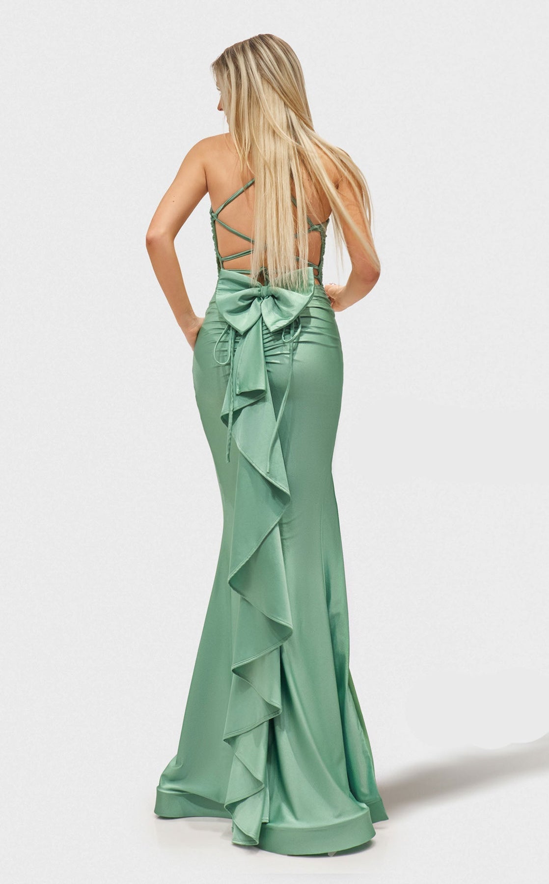 Jessica Angel JA2652 Mermaid Lace-Up Back Draped Formal Floor-Length Lace Dress