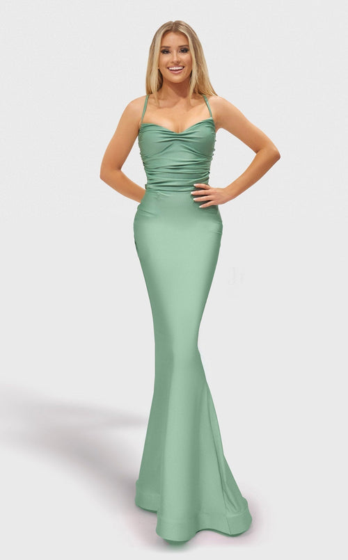 Jessica Angel JA2652 Mermaid Lace-Up Back Draped Formal Floor-Length Lace Dress